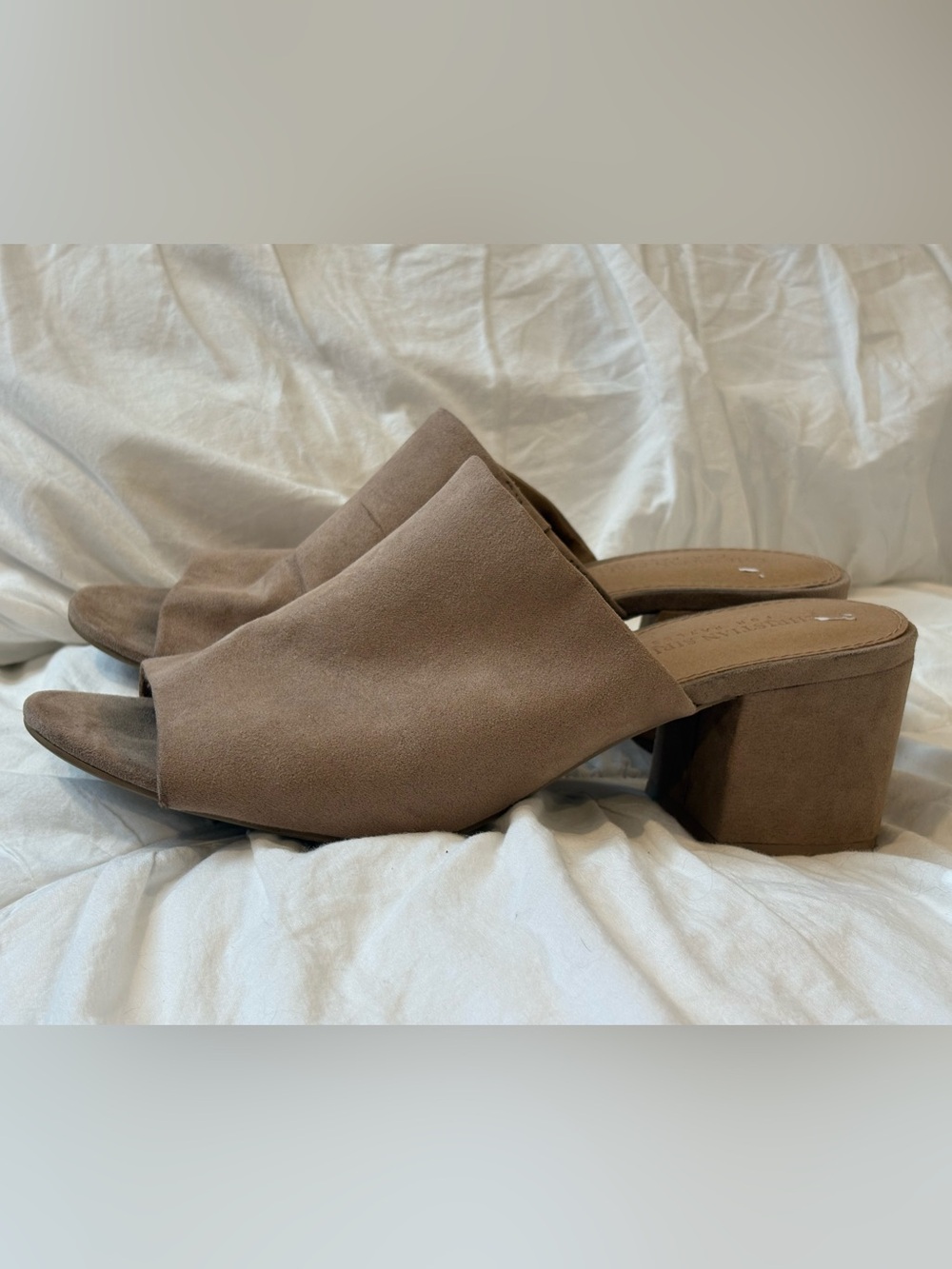 Christian Siriano Taupe Faux Suede Block Heel Mules Size 9